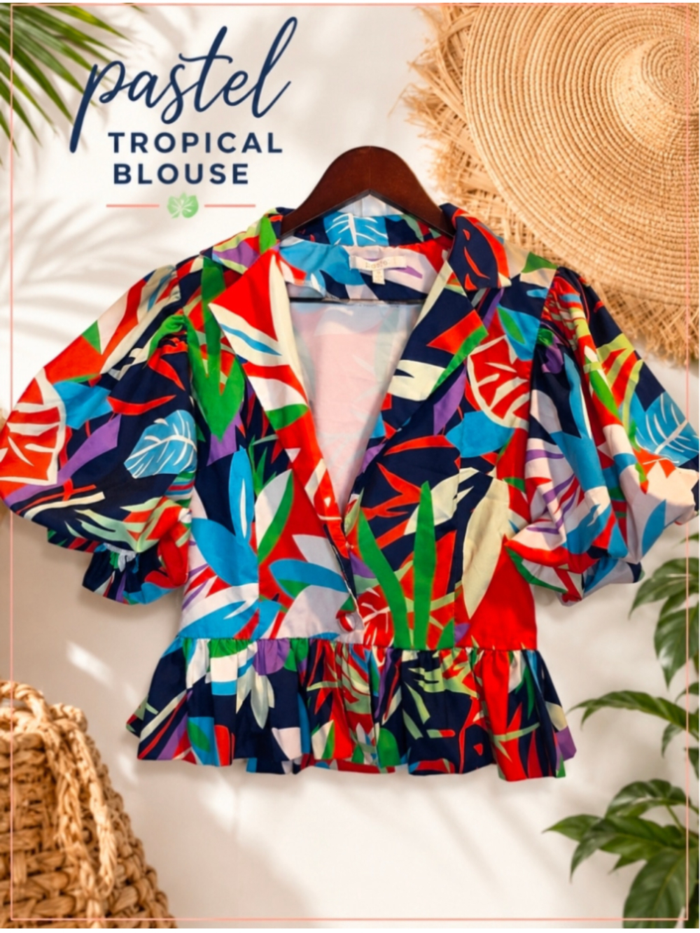Pastel Tropical Leaf Print Puff Sleeve Peplum Blouse Top Size Small